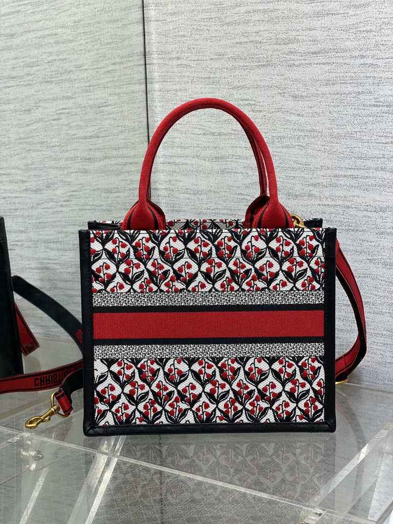 Small Dior Book Tote M1265 White, Black and Red Dior Lily of the Valley Embroidery