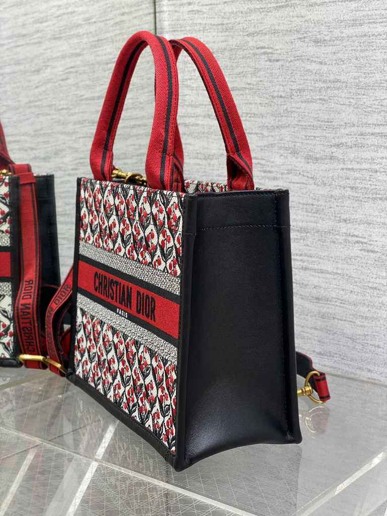 Small Dior Book Tote M1265 White, Black and Red Dior Lily of the Valley Embroidery