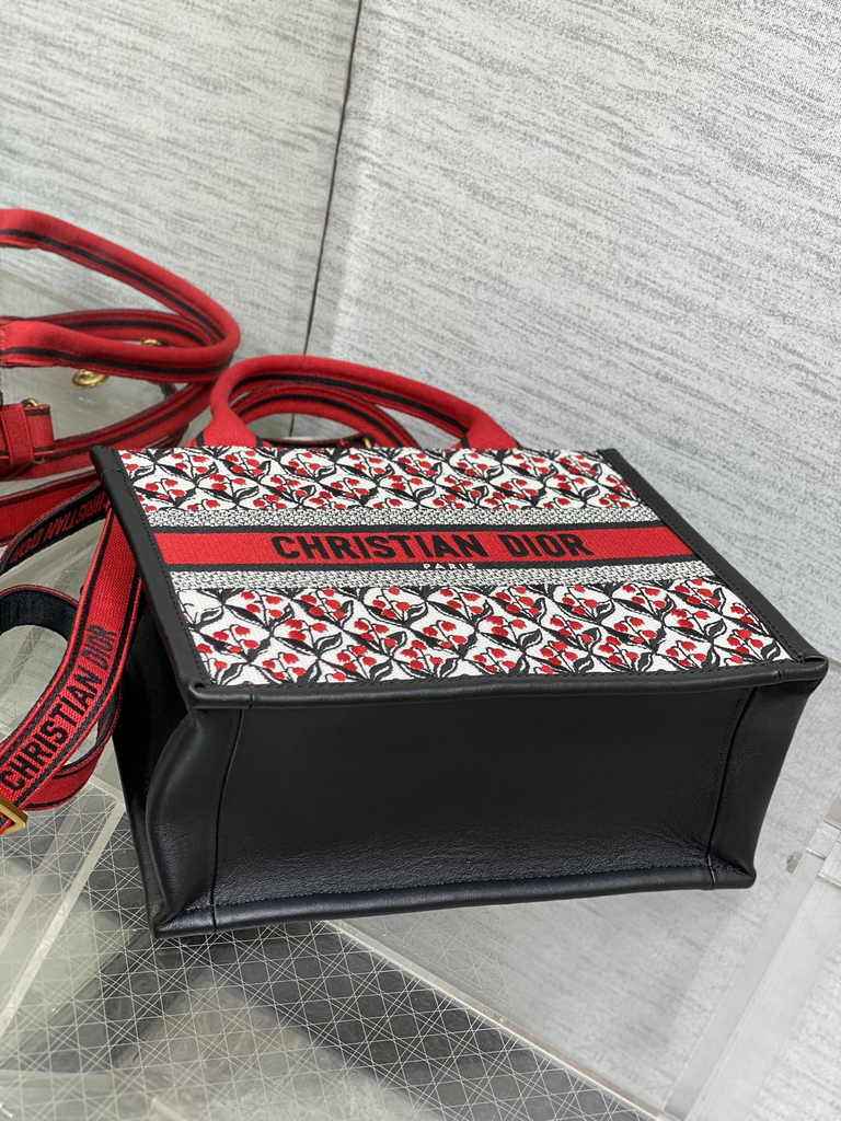 Small Dior Book Tote M1265 White, Black and Red Dior Lily of the Valley Embroidery