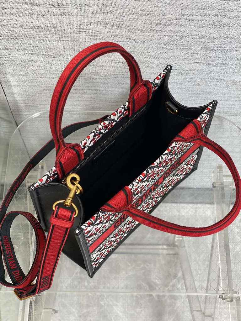 Small Dior Book Tote M1265 White, Black and Red Dior Lily of the Valley Embroidery