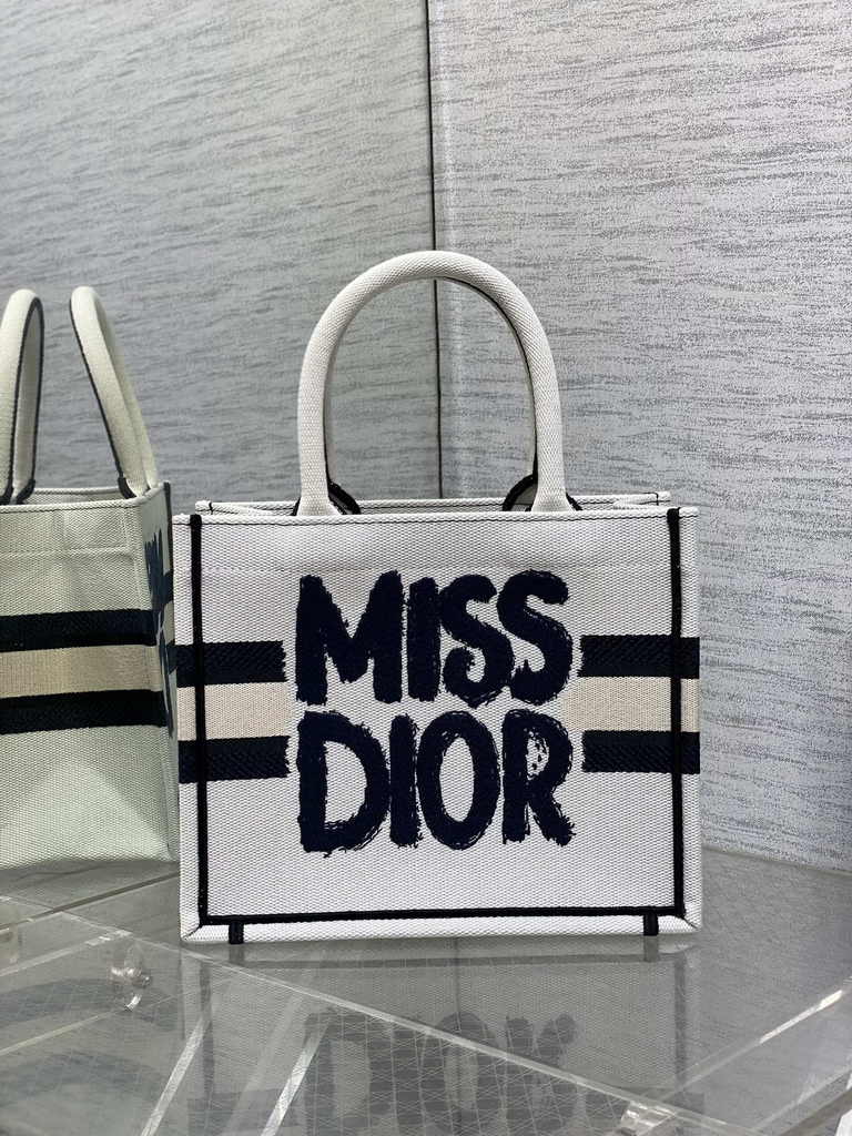 Small Dior Book Tote M1265 White and Blue Miss Dior Graffiti Embroidery