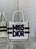 Small Dior Book Tote M1265 White and Blue Miss Dior Graffiti Embroidery