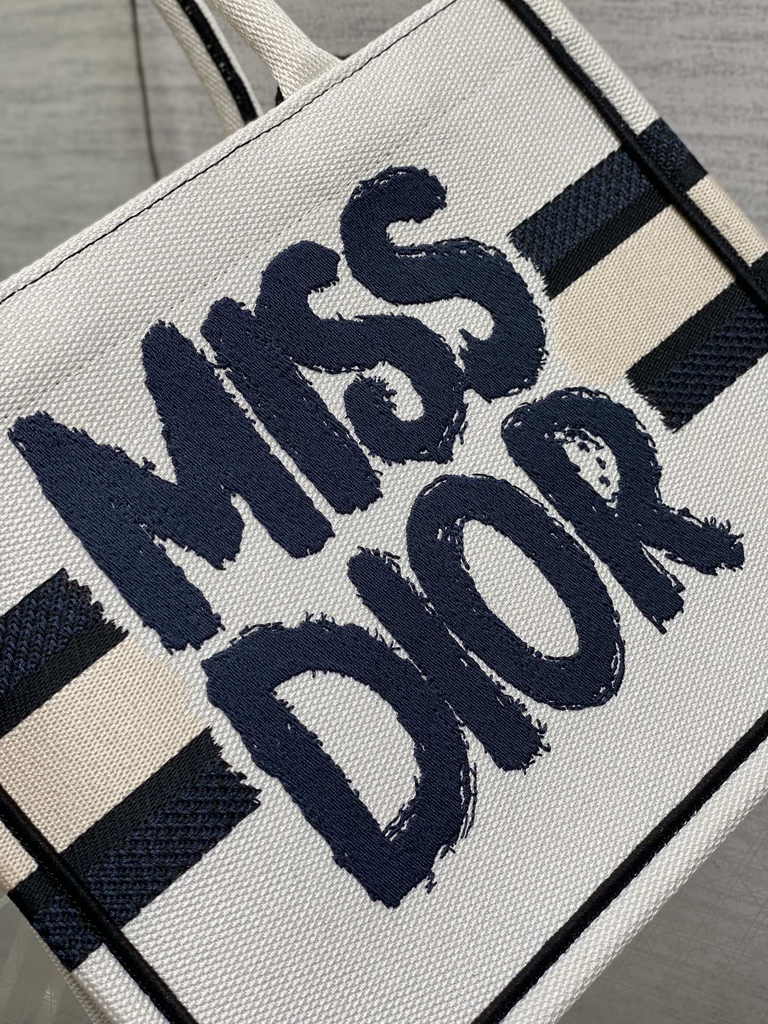 Small Dior Book Tote M1265 White and Blue Miss Dior Graffiti Embroidery
