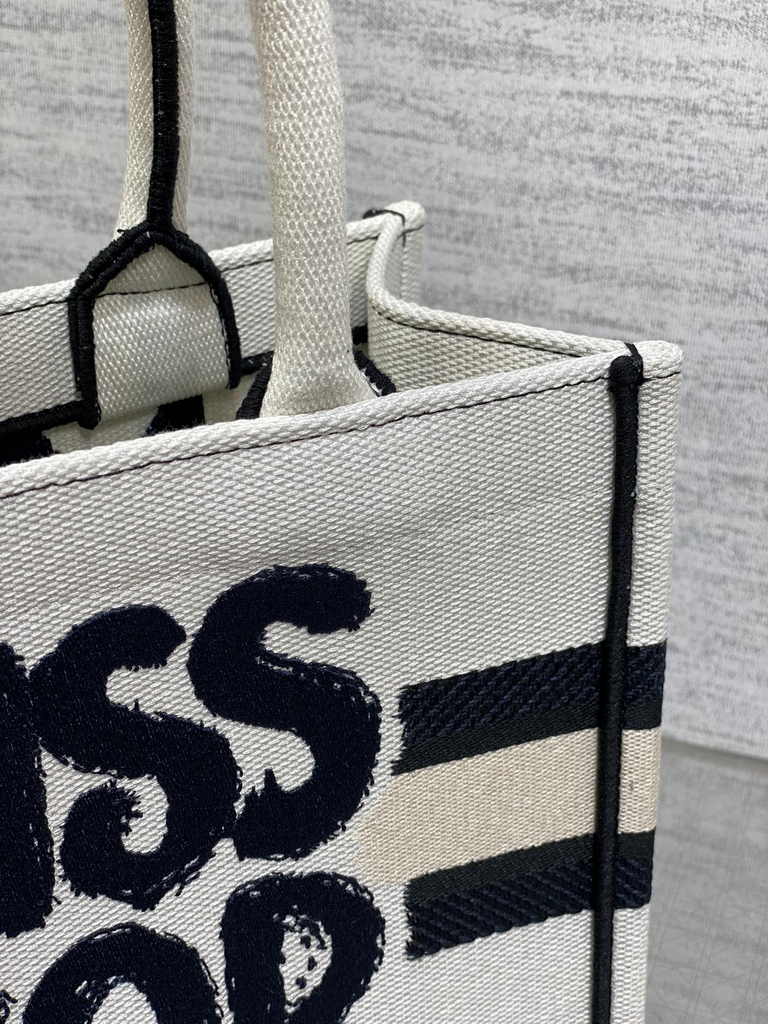 Small Dior Book Tote M1265 White and Blue Miss Dior Graffiti Embroidery