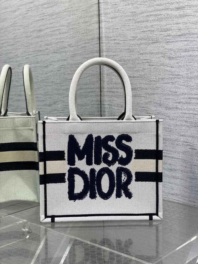 Small Dior Book Tote M1265 White and Blue Miss Dior Graffiti Embroidery