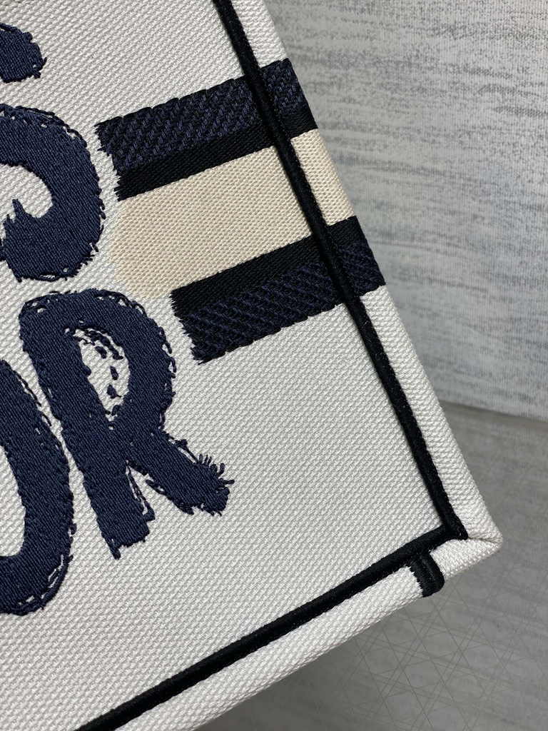 Small Dior Book Tote M1265 White and Blue Miss Dior Graffiti Embroidery