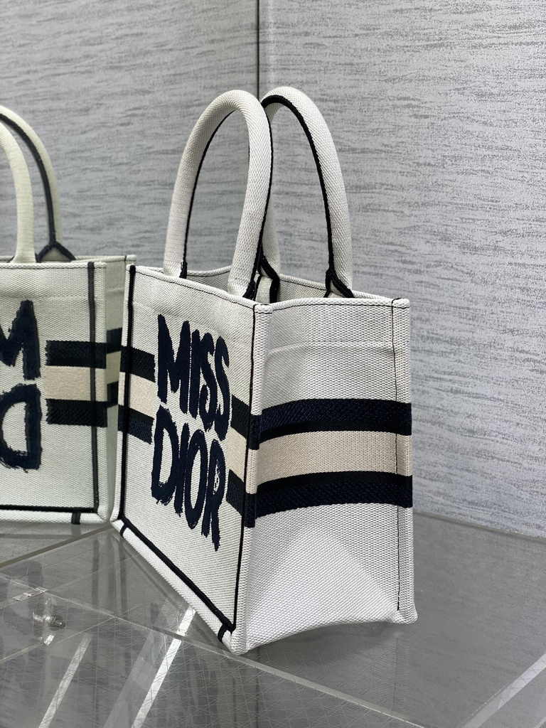 Small Dior Book Tote M1265 White and Blue Miss Dior Graffiti Embroidery