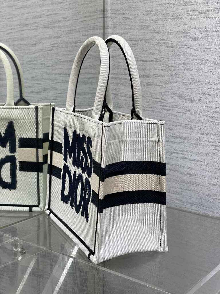 Small Dior Book Tote M1265 White and Blue Miss Dior Graffiti Embroidery