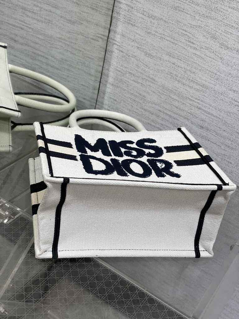 Small Dior Book Tote M1265 White and Blue Miss Dior Graffiti Embroidery