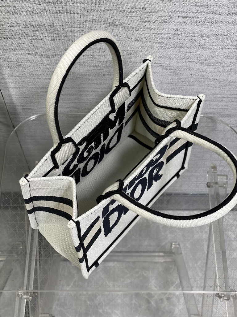 Small Dior Book Tote M1265 White and Blue Miss Dior Graffiti Embroidery