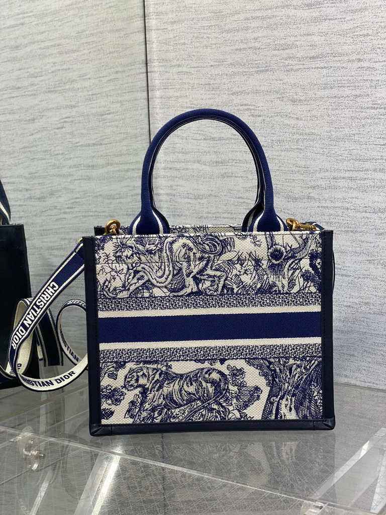Small Dior Book Tote M1265 White and Navy Blue Toile de Jouy Sauvage Embroidery