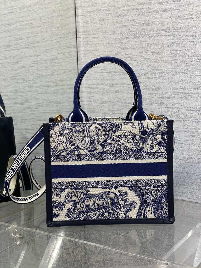 Small Dior Book Tote M1265 White and Navy Blue Toile de Jouy Sauvage Embroidery - Default Title - View 2