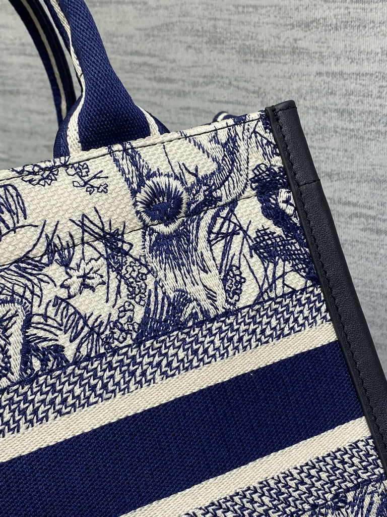 Small Dior Book Tote M1265 White and Navy Blue Toile de Jouy Sauvage Embroidery