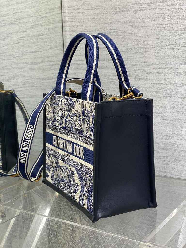 Small Dior Book Tote M1265 White and Navy Blue Toile de Jouy Sauvage Embroidery