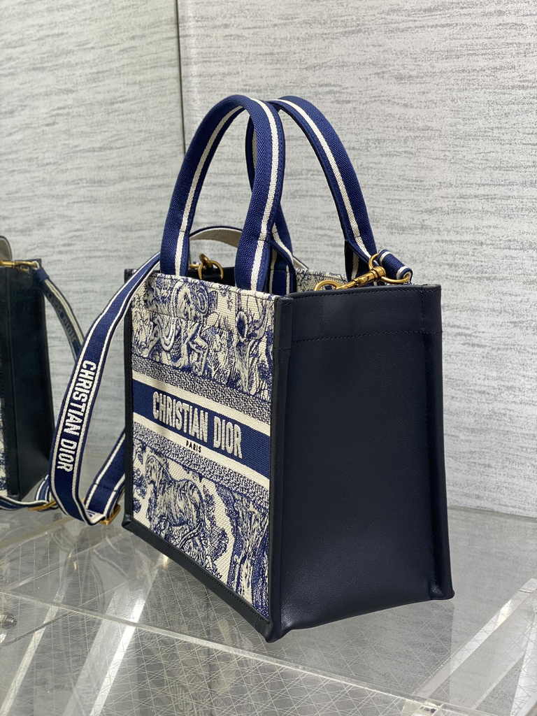 Small Dior Book Tote M1265 White and Navy Blue Toile de Jouy Sauvage Embroidery - Default Title - View 3