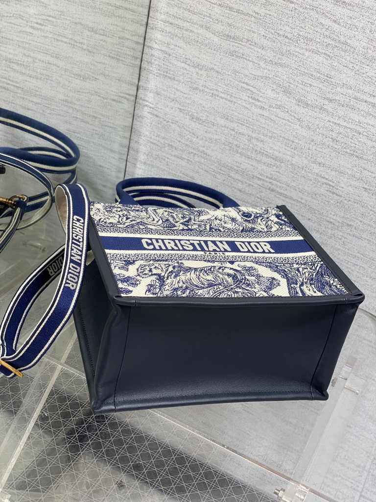 Small Dior Book Tote M1265 White and Navy Blue Toile de Jouy Sauvage Embroidery