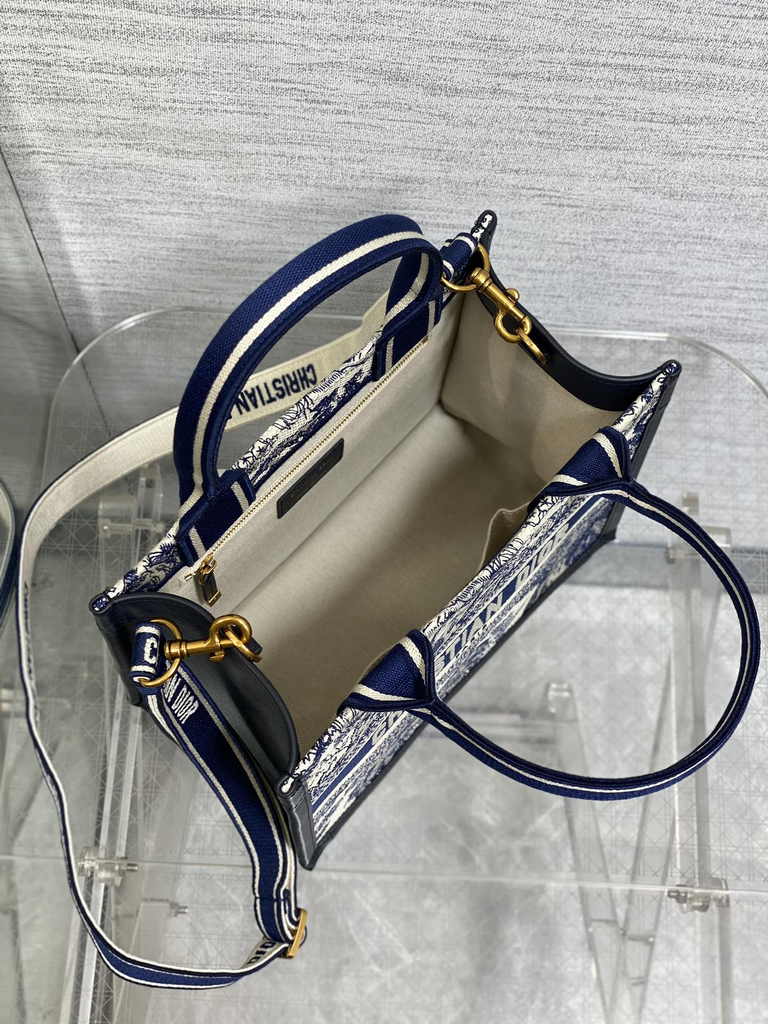 Small Dior Book Tote M1265 White and Navy Blue Toile de Jouy Sauvage Embroidery