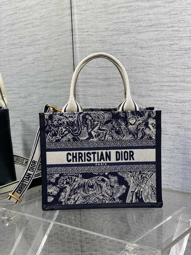 Small Dior Book Tote M1265 Blue and Ecru Toile de Jouy Reverse Embroidery