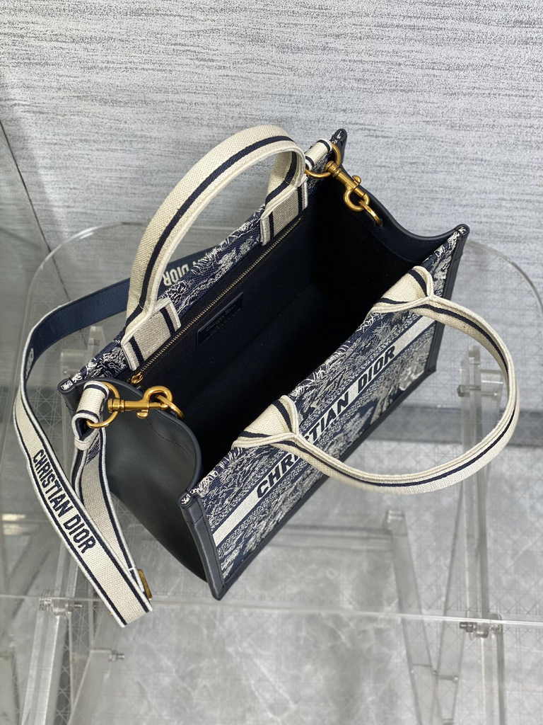 Small Dior Book Tote M1265 Blue and Ecru Toile de Jouy Reverse Embroidery