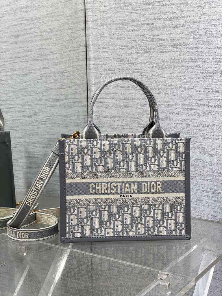 Small Dior Book Tote M1265 Gray Dior Oblique Embroidery and Calfskin