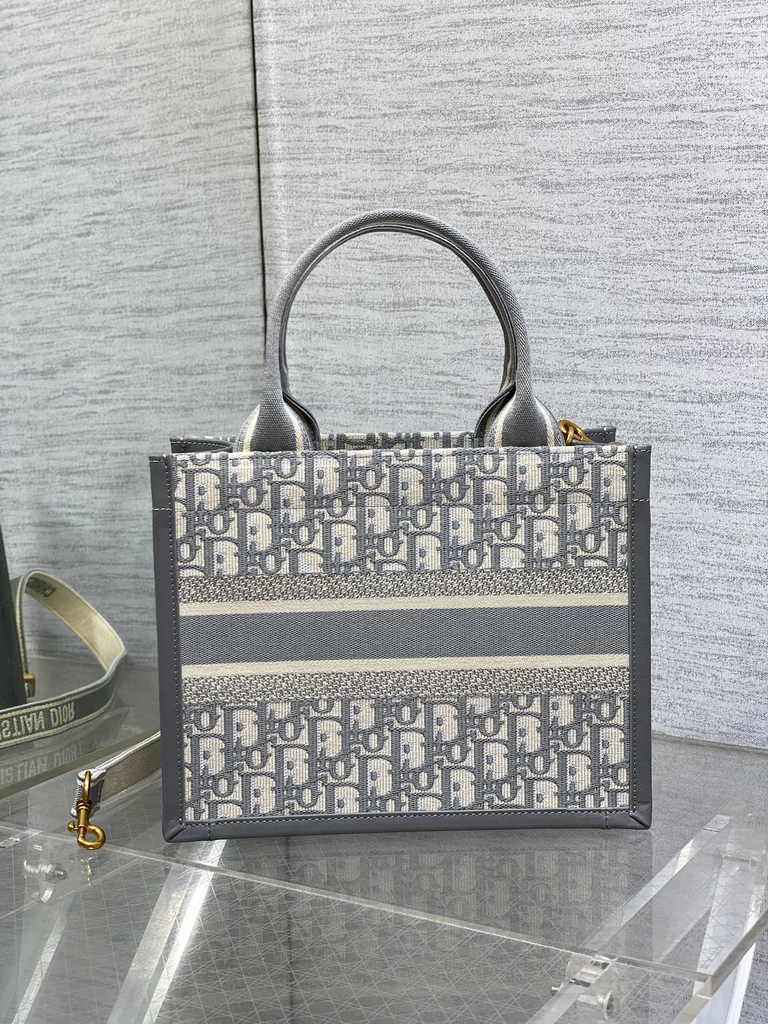 Small Dior Book Tote M1265 Gray Dior Oblique Embroidery and Calfskin