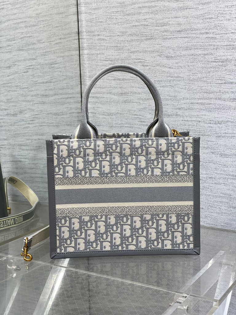 Small Dior Book Tote M1265 Gray Dior Oblique Embroidery and Calfskin - Default Title - View 2