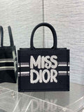 Small Dior Book Tote M1265 White and Black Miss Dior Graffiti Embroidery