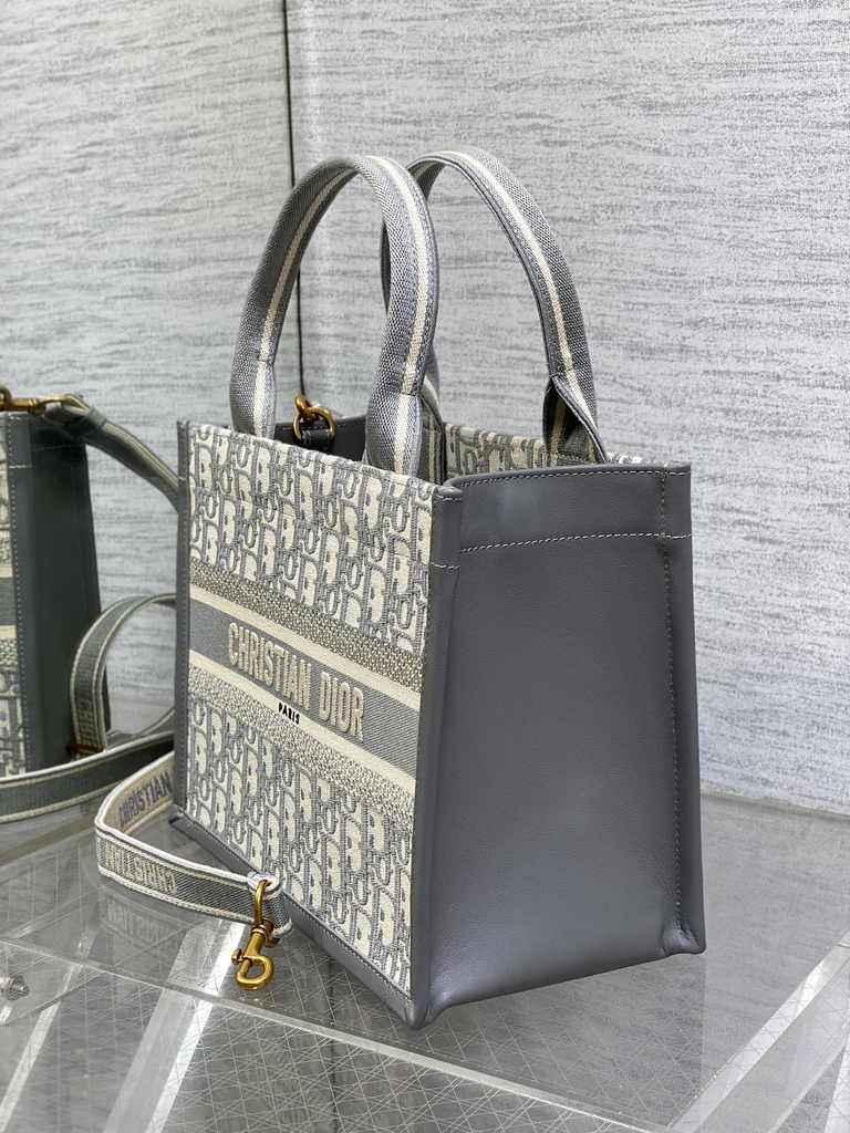 Small Dior Book Tote M1265 Gray Dior Oblique Embroidery and Calfskin