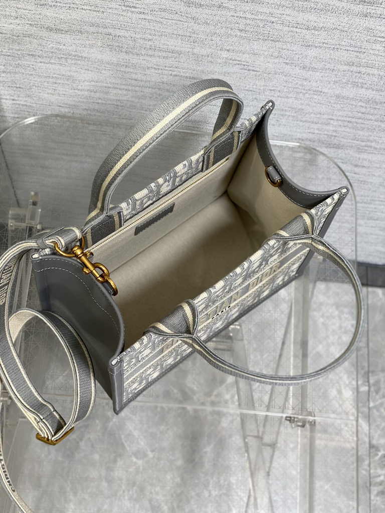 Small Dior Book Tote M1265 Gray Dior Oblique Embroidery and Calfskin
