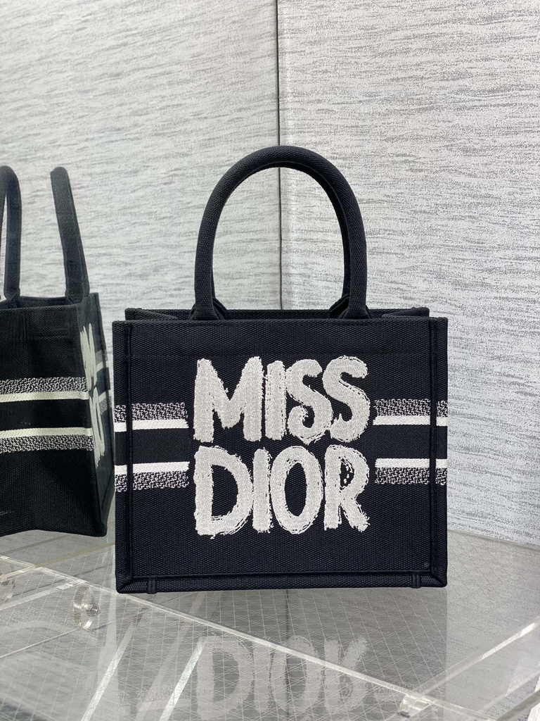 Small Dior Book Tote M1265 White and Black Miss Dior Graffiti Embroidery - Default Title - View 1