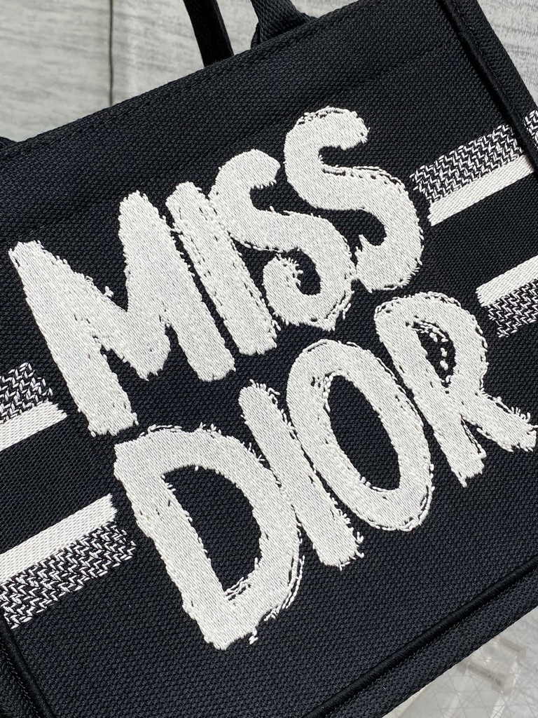 Small Dior Book Tote M1265 White and Black Miss Dior Graffiti Embroidery