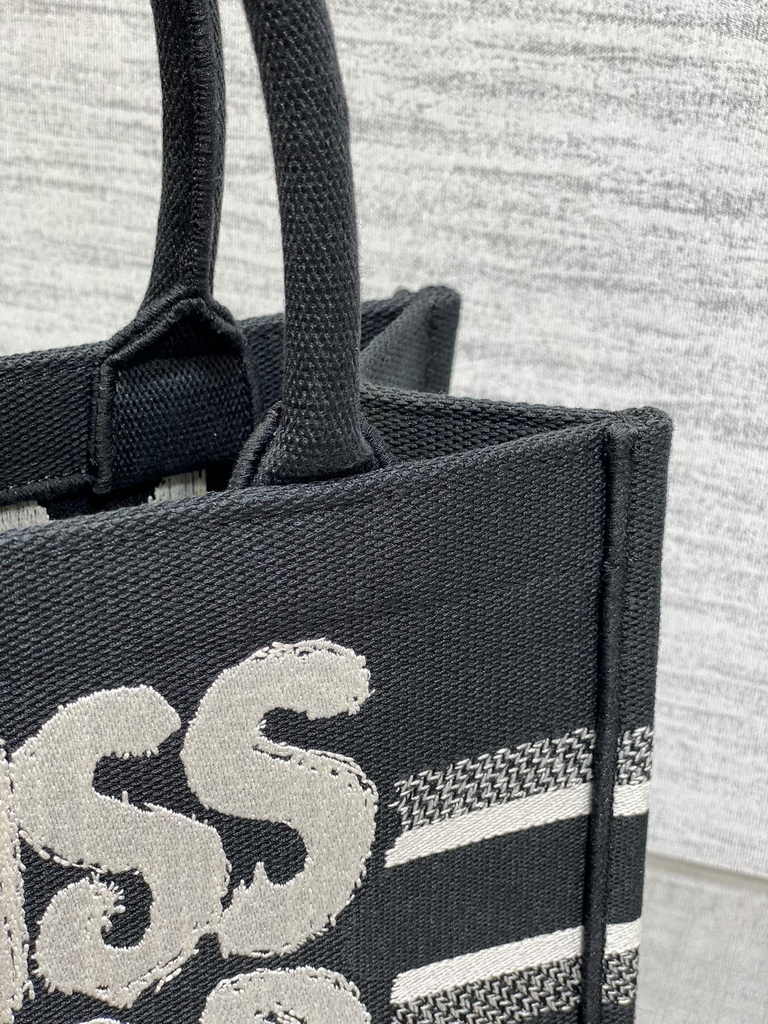 Small Dior Book Tote M1265 White and Black Miss Dior Graffiti Embroidery