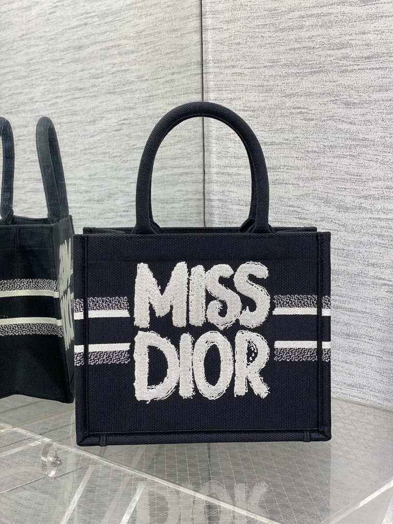 Small Dior Book Tote M1265 White and Black Miss Dior Graffiti Embroidery