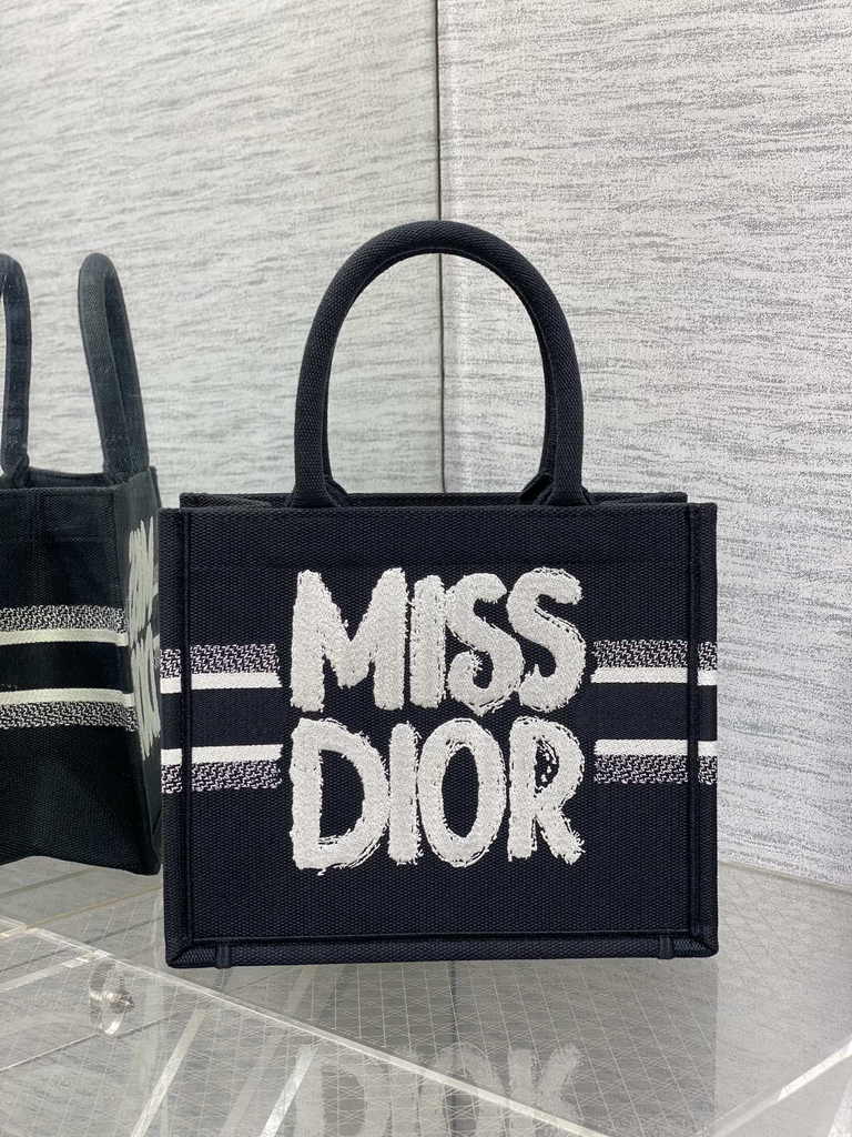 Small Dior Book Tote M1265 White and Black Miss Dior Graffiti Embroidery