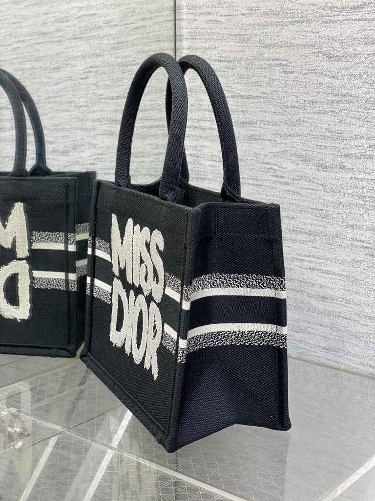 Small Dior Book Tote M1265 White and Black Miss Dior Graffiti Embroidery