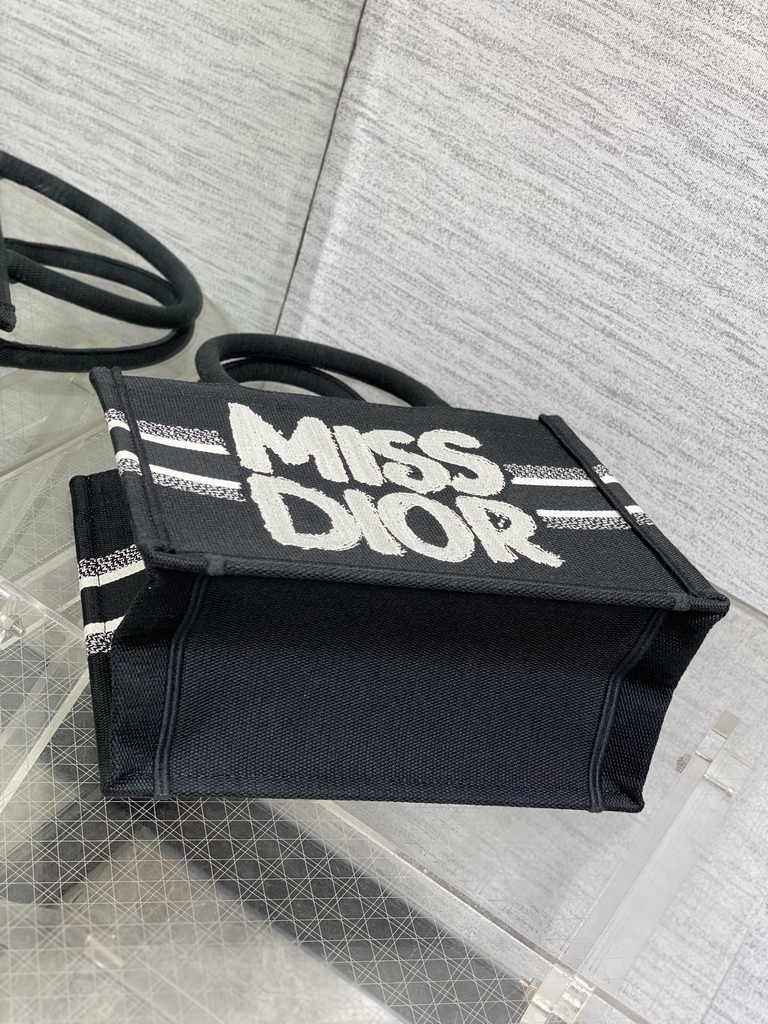 Small Dior Book Tote M1265 White and Black Miss Dior Graffiti Embroidery