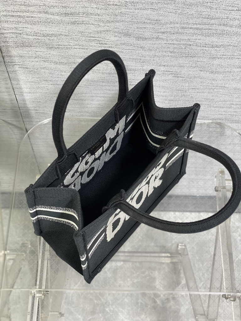 Small Dior Book Tote M1265 White and Black Miss Dior Graffiti Embroidery