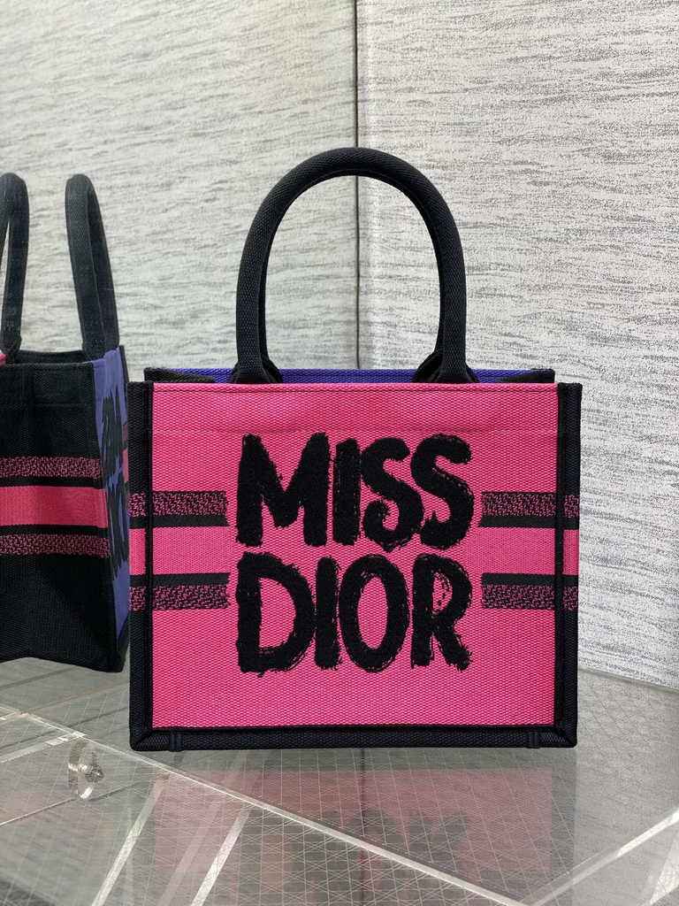 Small Dior Book Tote M1265 Two-Tone Fuchsia and Purple Miss Dior Graffiti Embroidery