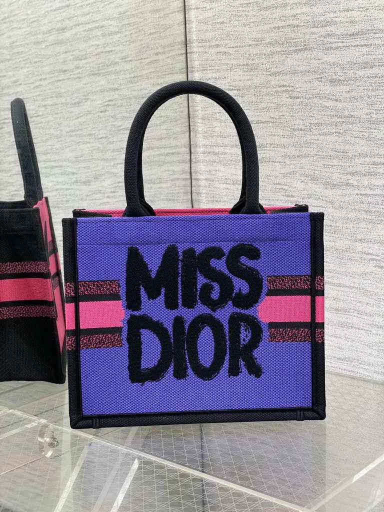 Small Dior Book Tote M1265 Two-Tone Fuchsia and Purple Miss Dior Graffiti Embroidery