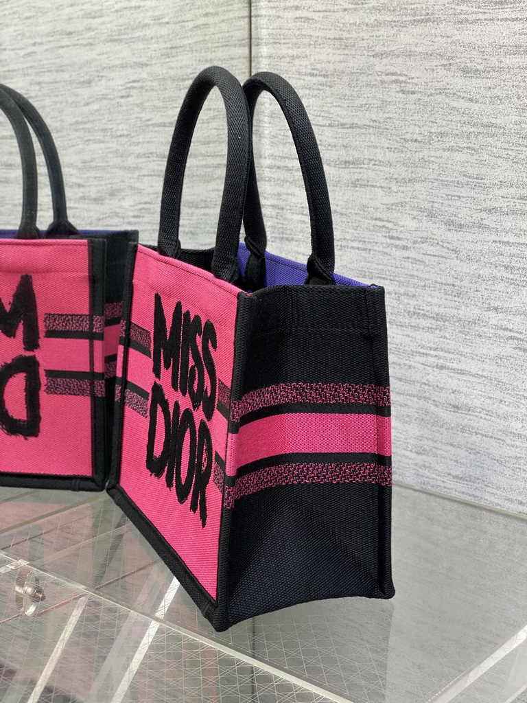 Small Dior Book Tote M1265 Two-Tone Fuchsia and Purple Miss Dior Graffiti Embroidery