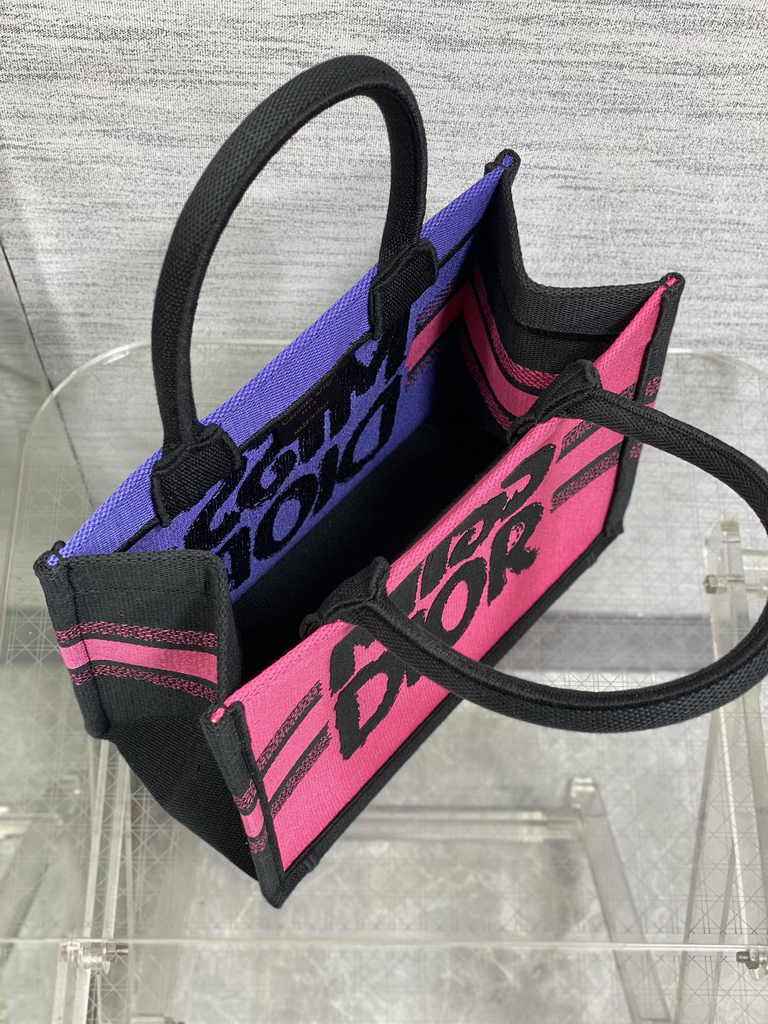 Small Dior Book Tote M1265 Two-Tone Fuchsia and Purple Miss Dior Graffiti Embroidery