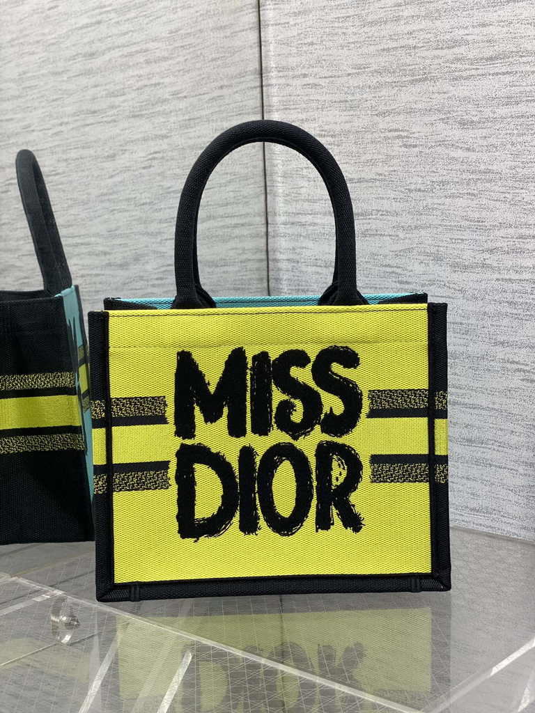 Small Dior Book Tote M1265 Two-Tone Green and Blue Miss Dior Graffiti Embroidery