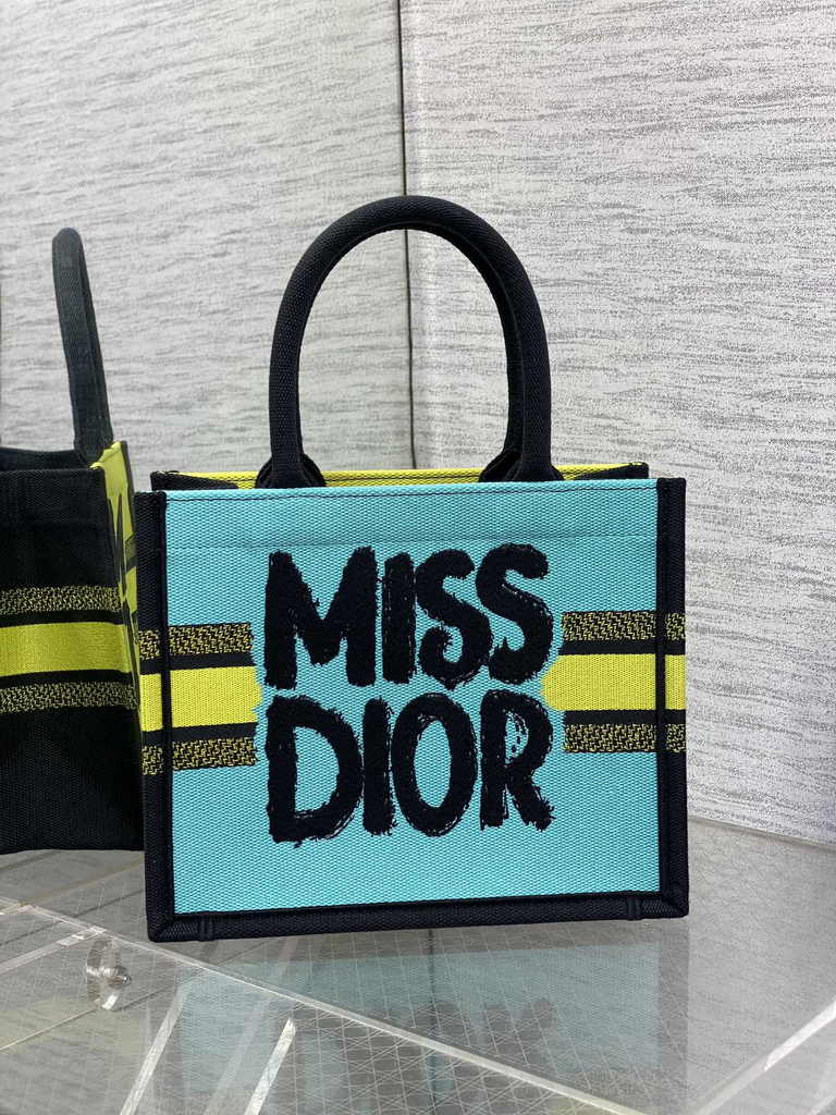 Small Dior Book Tote M1265 Two-Tone Green and Blue Miss Dior Graffiti Embroidery