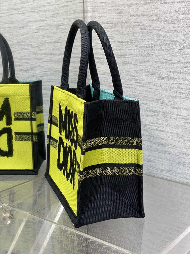 Small Dior Book Tote M1265 Two-Tone Green and Blue Miss Dior Graffiti Embroidery