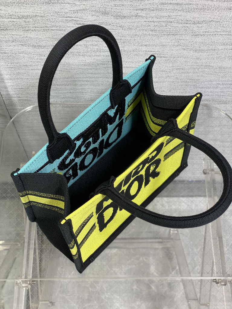 Small Dior Book Tote M1265 Two-Tone Green and Blue Miss Dior Graffiti Embroidery