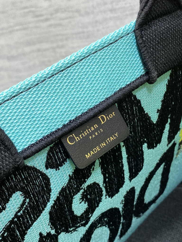 Small Dior Book Tote M1265 Two-Tone Green and Blue Miss Dior Graffiti Embroidery