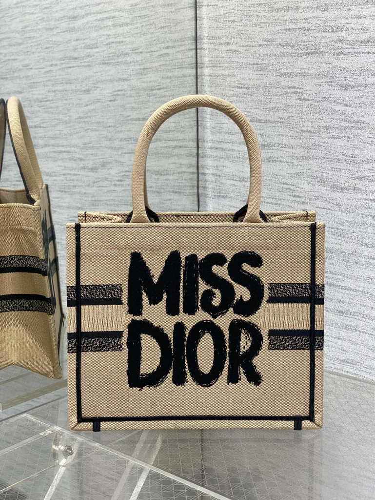 Small Dior Book Tote M1265 Beige and Black Miss Dior Graffiti Embroidery