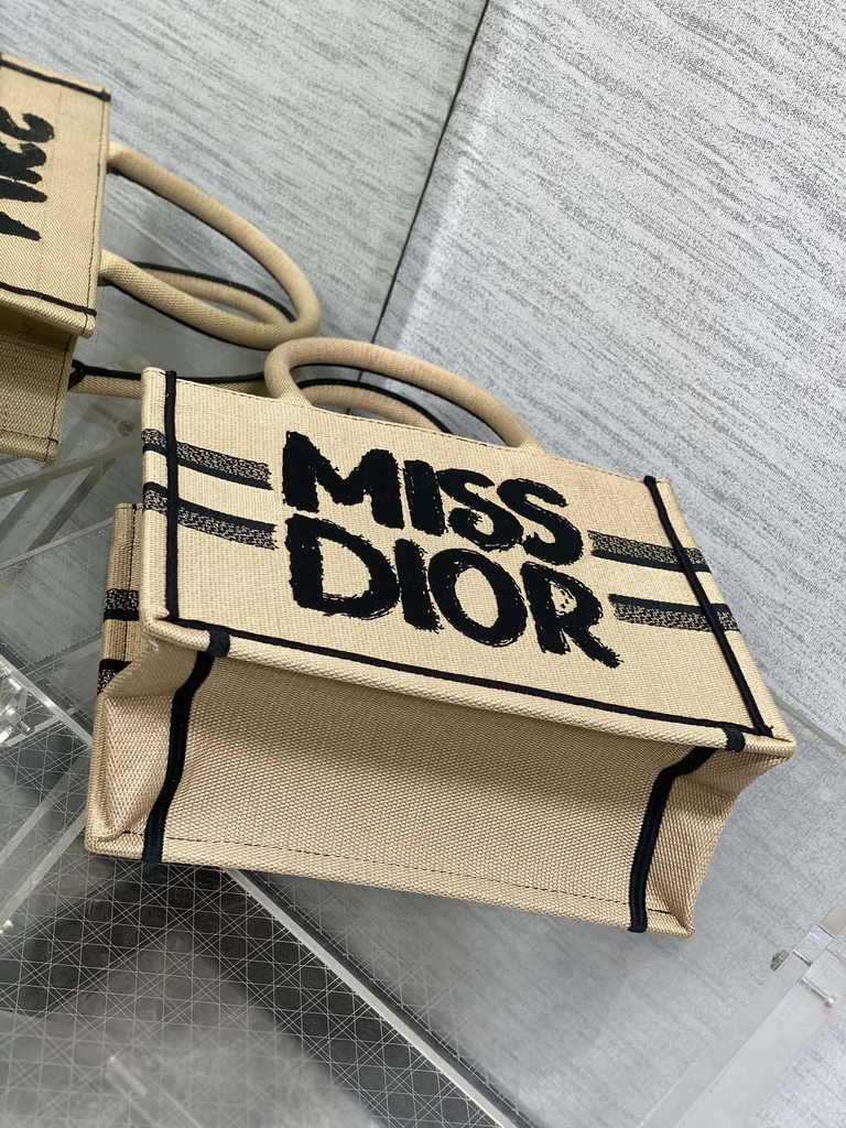 Small Dior Book Tote M1265 Beige and Black Miss Dior Graffiti Embroidery