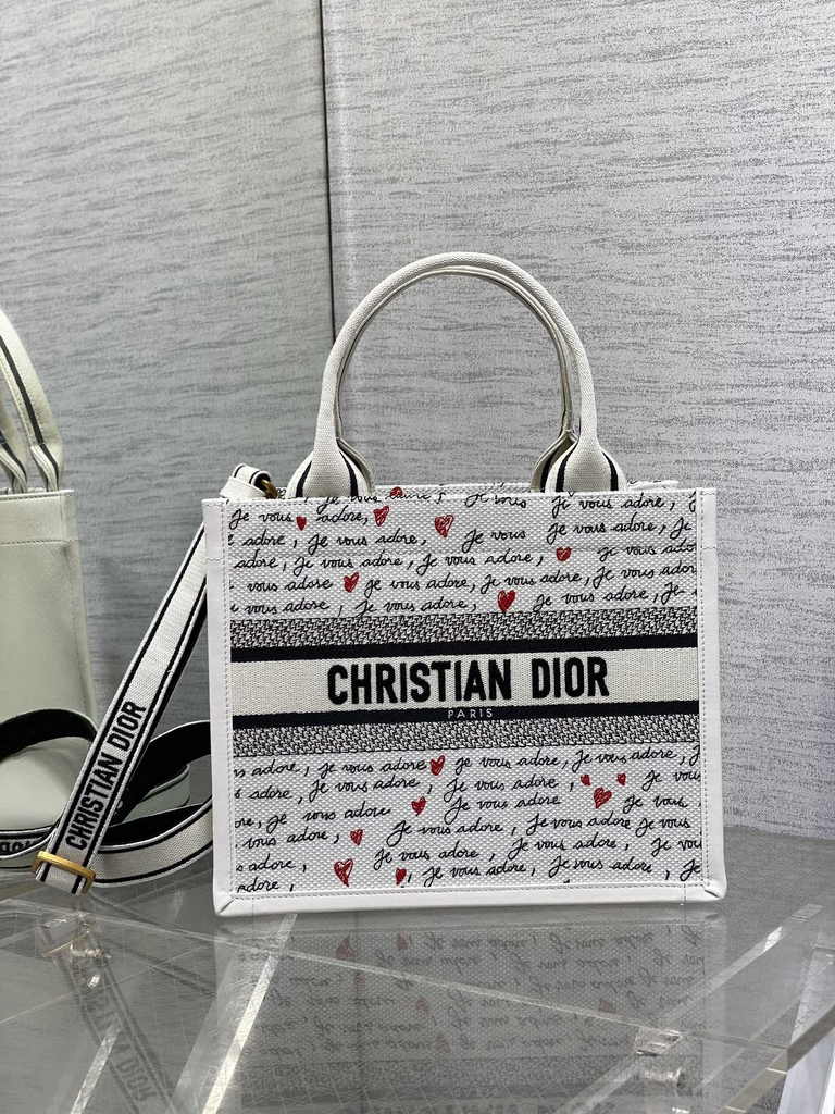 Small Dior Book Tote M1265 White Embroidery with Black and Red