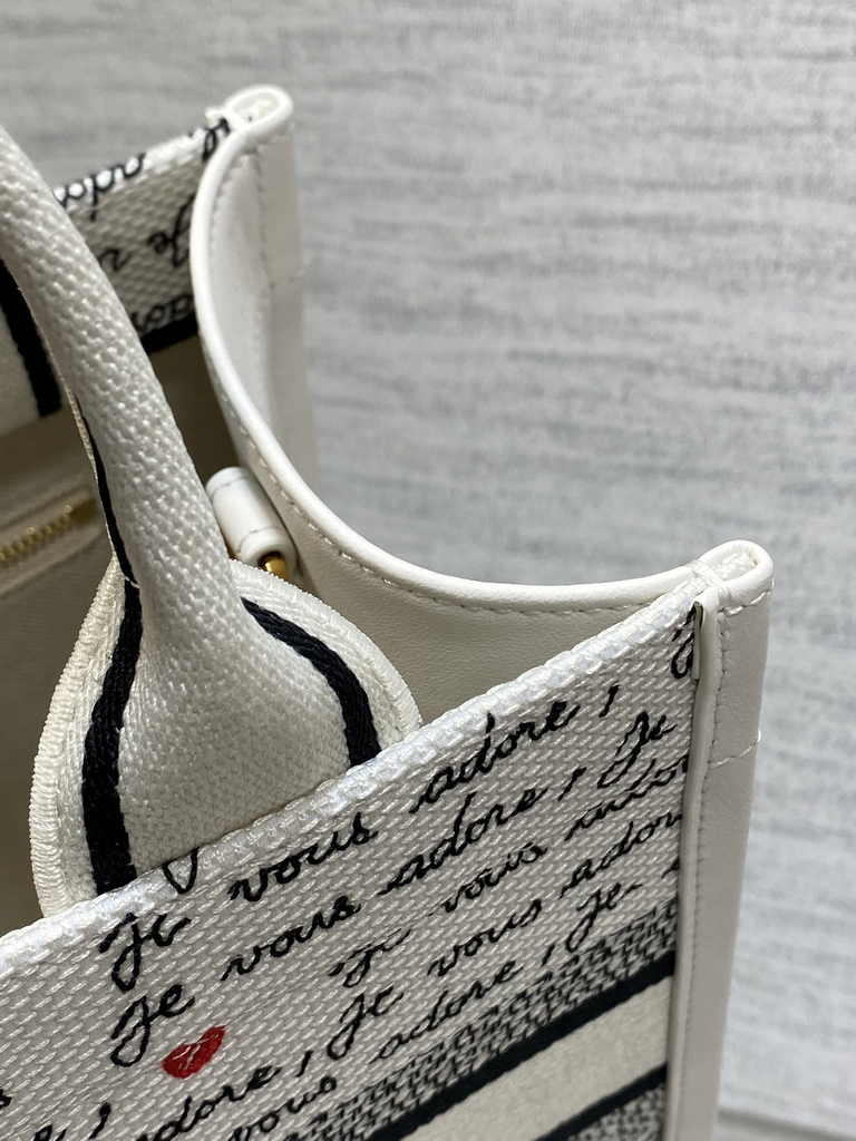 Small Dior Book Tote M1265 White Embroidery with Black and Red